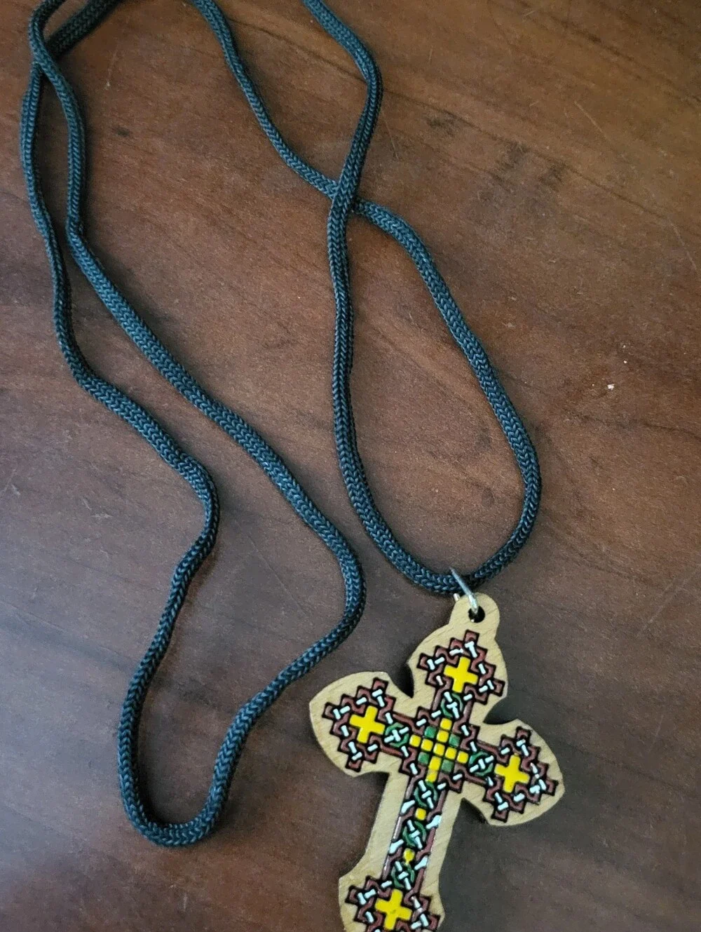 Ethiopian Coptic Wooden Cross Pendant Necklace Hand Painted Traditional Design